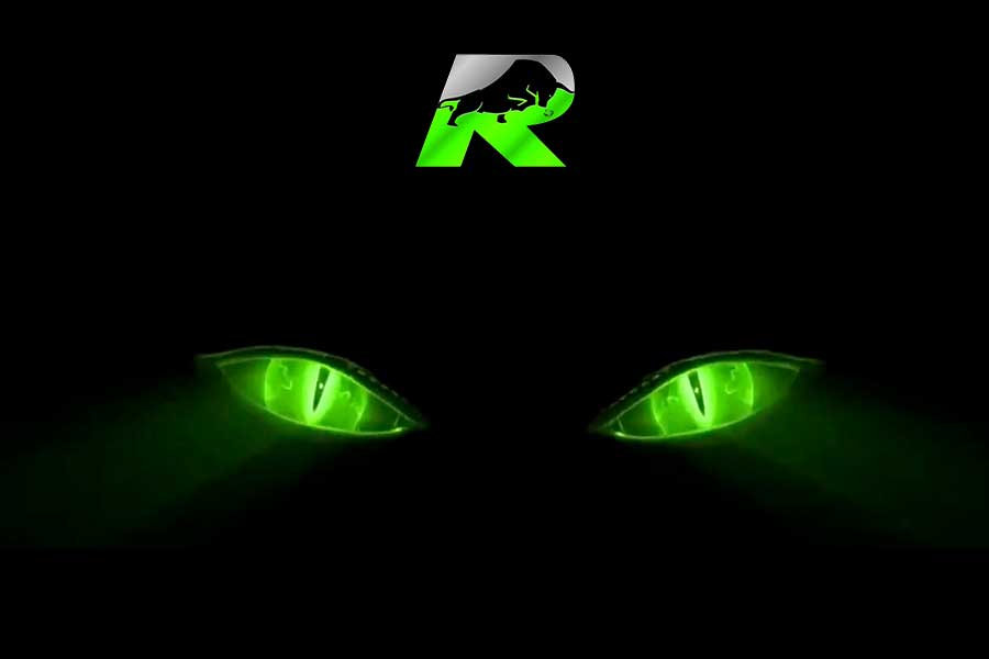 Green glowing eyes with Relentless Digital logo
